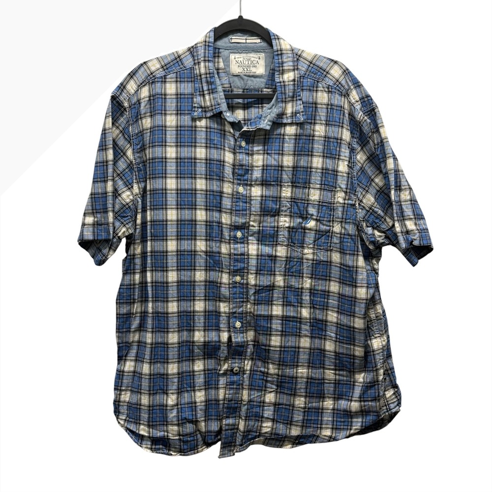 Nautica Mens XXL Blue Plaid Short Sleeve Button Down Shirt Nautical Classic